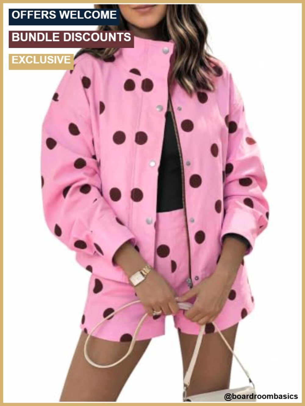 Womens 2 Piece Polka Dot Shorts Set Cropped Zip Jacket Matching Outfit